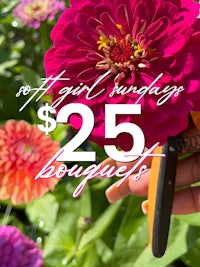 a woman is holding a pair of scissors in front of a bunch of flowers